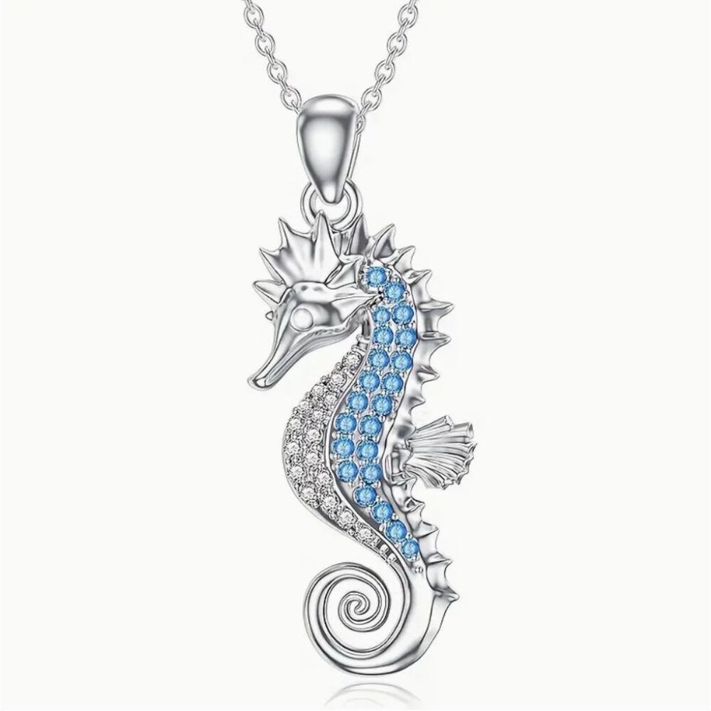 Delicate Seahorse Pendant Necklace With Blue Crystals Silver-Tone